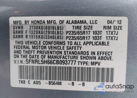 2012 Honda Odyssey Ex-L z USA, uszkodzony, nr VIN 5FNRL5H66CB093777